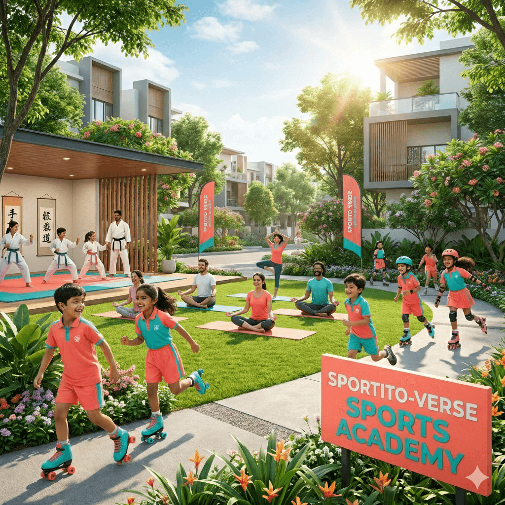 Children and adults enjoying sports activities in a residential complex